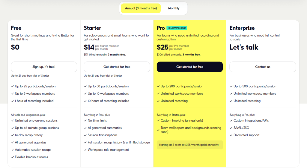 Pricing page of butter website