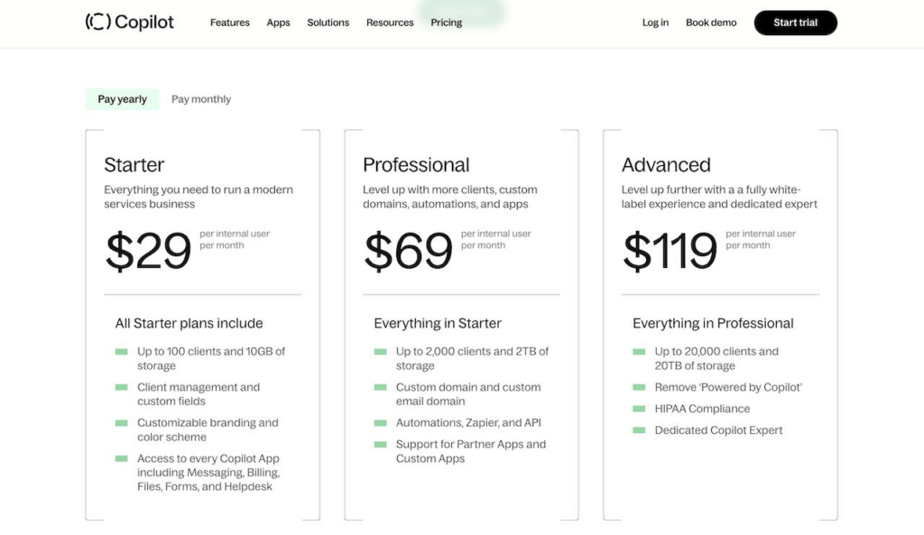 Pricing page of copilots