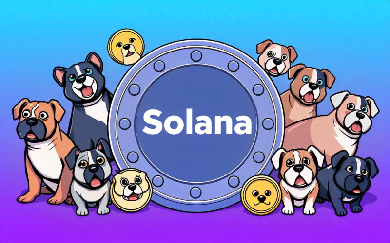 Solana Meme coins surrounded by various meme coin mascots dogs