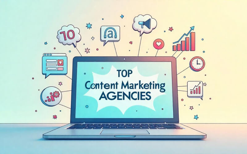 Top content marketing agencies banner showing laptop using different elements used for content creation