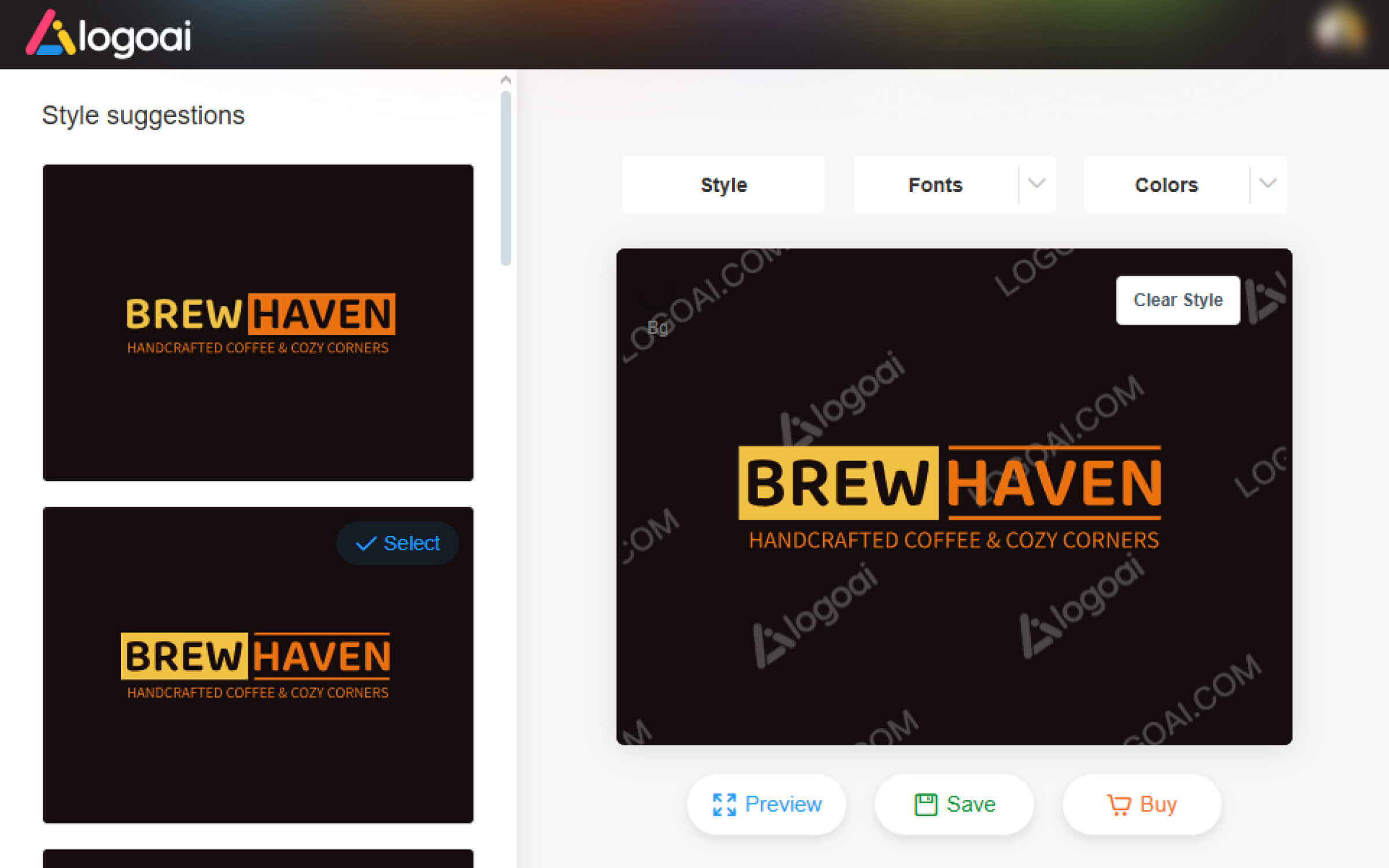 Logo AI Generator's UI UX with example logo