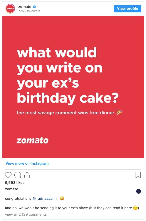 Zomato's brand voice example - Birthday Cake